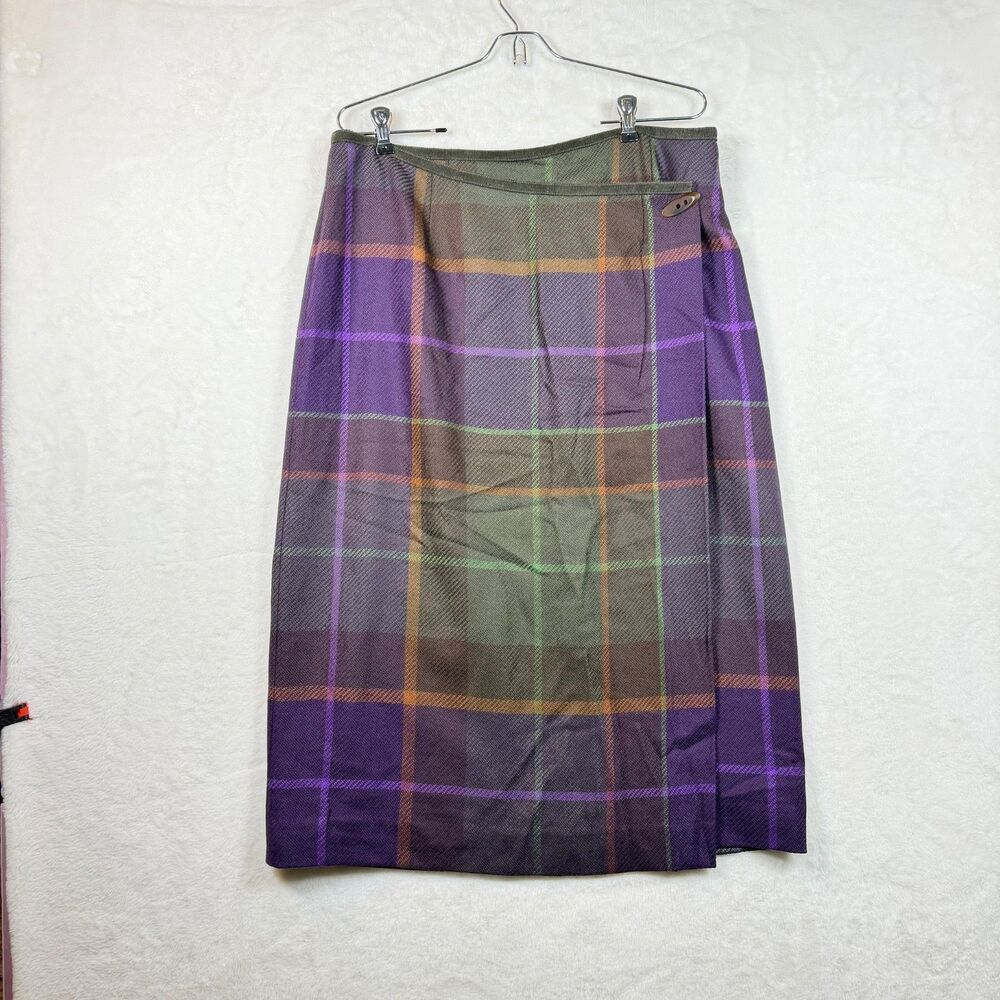 Vintage Talbots Petites 100% Wool Plaid Wrap Skirt Purple Green Size 16P